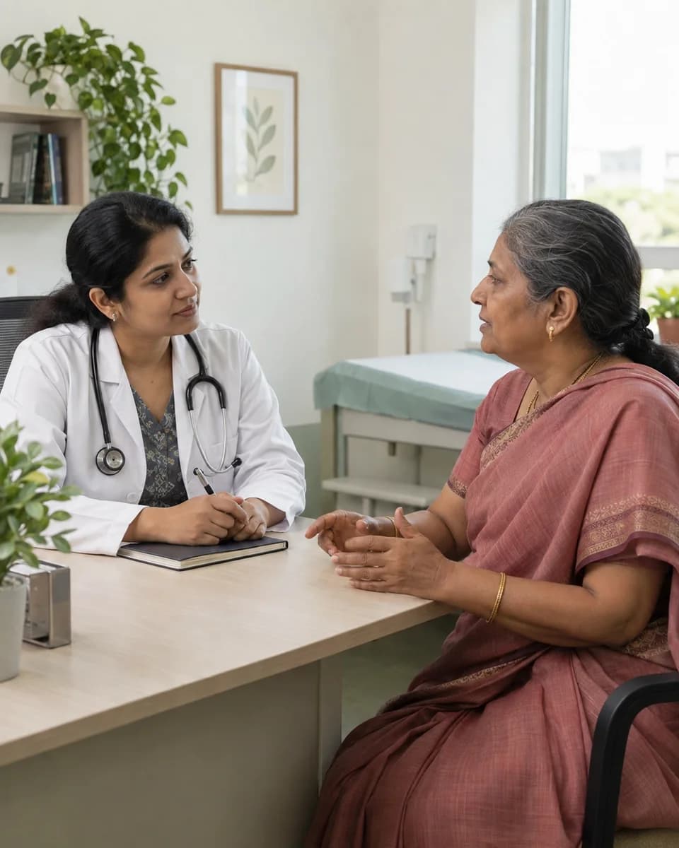 A doctor listening to a patient during a consultation.