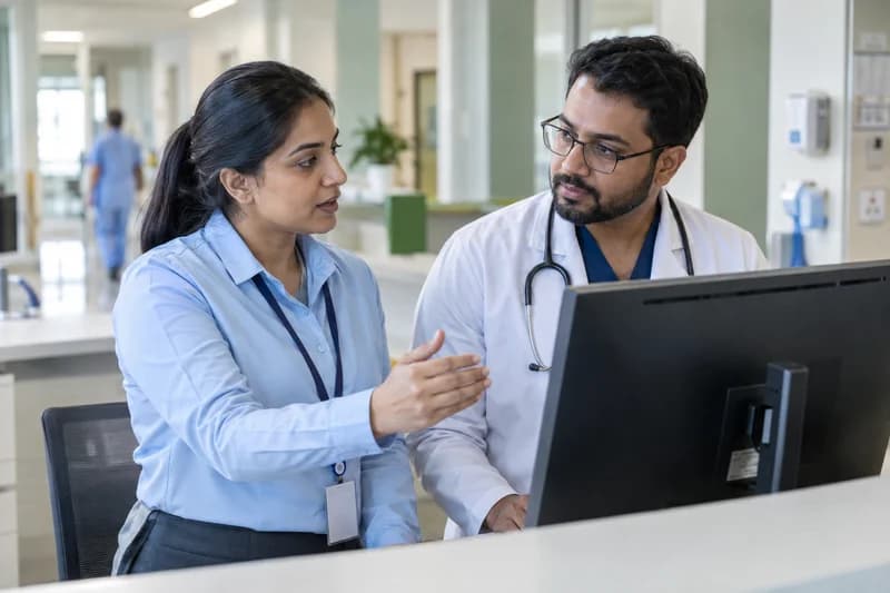 A clinician and hospital colleague reviewing their workflow together.