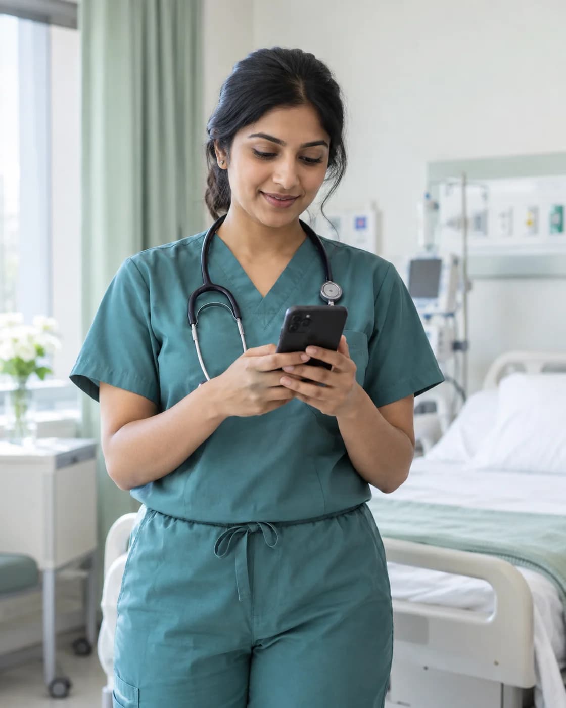 A clinician in teal scrubs using a smartphone beside a hospital bed.